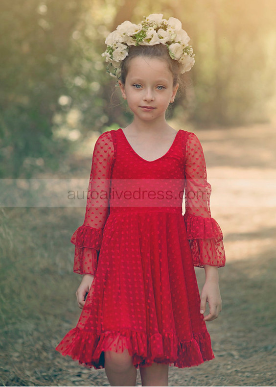 Long Sleeve Red Lace Knee Length Flower Girl Dress